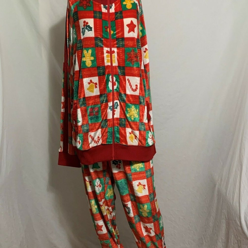 Christmas Tracksuit 2 Piece Set Velour Jacket Pant Jogger Merry Plaid Red S